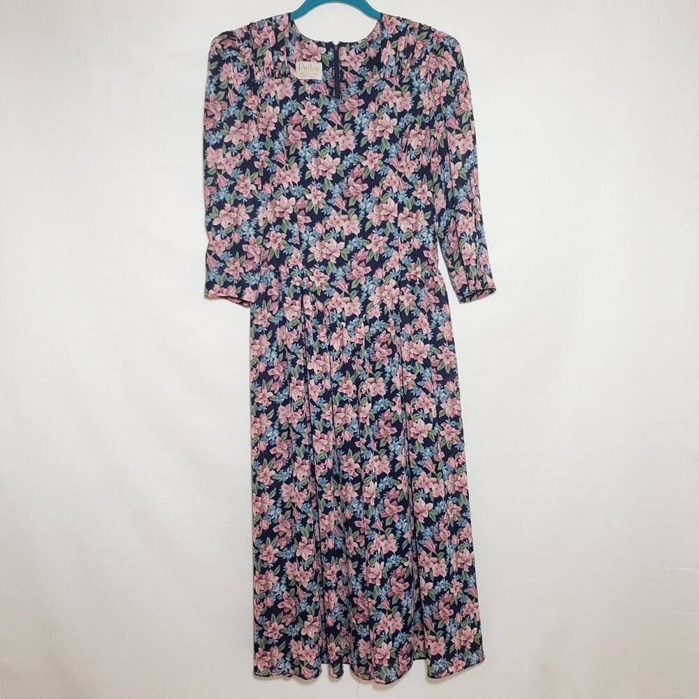 Vintage Navy Floral Midi Dress with Pink Blossoms - Picture 6 of 7